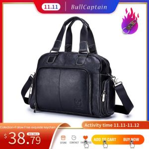BULLCAPTAIN Men's leather briefcase can be used for 14-inch laptop business shoulder messenger handbag leisure travel bags