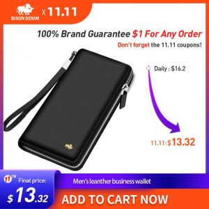 BISON DENIM Brand Genuine Leather Wallet RFID Blocking Clutch Bag Wallet Card Holder Coin Purse Zipper Male Long Wallets N8195