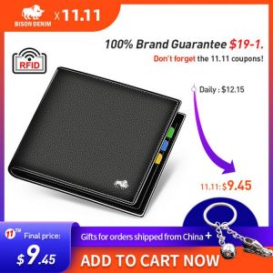 BISON DENIM Genuine Leather Men Wallets Brand Luxury RFID Bifold Wallet Zipper Coin Purse Business Card Holder Wallet N4470