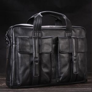 Luxury Men Genuine Leather Briefcase Business bag Leather Laptop Bag 15.4"inch Office Bag Briefcase male portfolio men Black