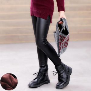 Autumn Winter Kids Girl Leggings Plus Velvet Warm Skinny Pencil Pants Baby Girls Faux PU Leather Children Legging 2-12Y 2021 New