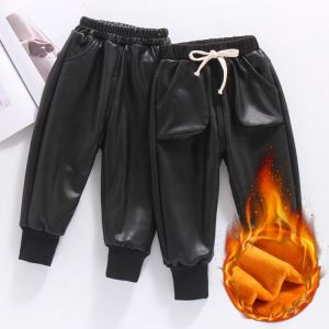 Girls Boys Leather Pants Plus Velvet Warm Trousers Thicken Winter Autumn Children's Clothes Faux Leather Cargo Pant 2 4 6 8 Y
