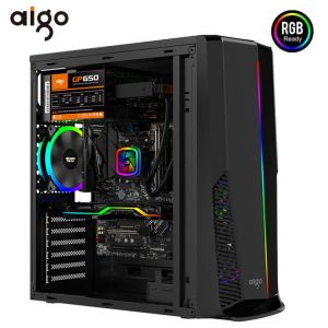Aigo ATX Mid-Tower PC Gaming Case ARGB Cooling Fan LED Light Tempered Glass Side Panel Front I/O USB 3.0 Computer Mid Tower Case