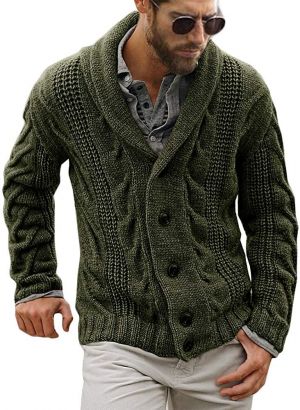 Mens Cable Knit Cardigan Sweater Shawl Collar Loose Fit Long Sleeve Casual Cardigans
