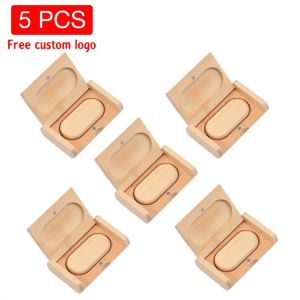 JASTER 5 PCS/LOT USB Flash Drive Wooden Box Pen drive Wood USB2.0 Free custom logo 32GB 64GB Memory Stick for Gift 4GB 8GB 16GB