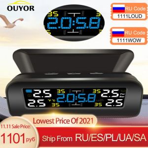 Universal TPMS Wireless Tire Pressure Monitoring System Solar Power Clock LCD Display 4 External Sensor Tire Pressure Sensors