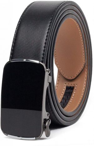 CLUBBELTS Men's Leather Ratchet Belt with Automatic Buckle, Black/White/Brown, 1 3/8 Wide, Adjustable Dress Belt for Men