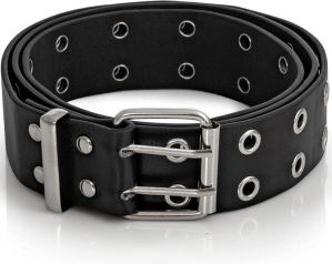 Skeleteen Double Grommet Punk Belt - Black Faux Leather 2 Prong and Holes Aesthetic Grunge Belts for Men Women and Kids (Black, Ex