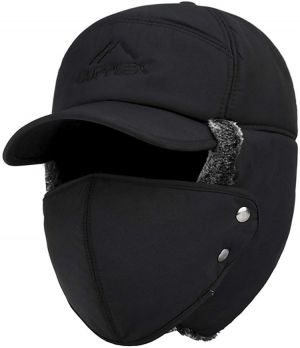 3 in 1 Winter Warm Facemask Cap, Bomber Hat with Full Face Ear Flap, Men Trapper hat with Fur Lined Black Aviator Hat