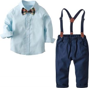 Nwada Boys Clothing Sets Kids Party Suits 4PCS Long Sleeve Bow Tie Shirts + Suspenders Pants Outfits Sets 12 Months -7 Years