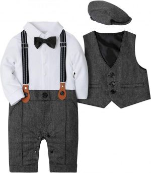 WESIDOM Baby Boy Suit Outfits Set 3pcs,Infant Tuxedo Long Sleeve Gentleman Wedding Jumpsuit & Vest Coat & Beret Hat