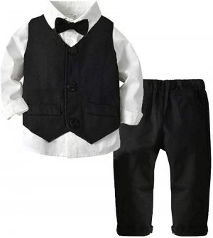 ARTMINE Boys 3-Piece Vest Suits Set Long Sleeve Shirts and Pants Outfits Set with Tie