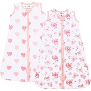 Baby Wearable Blanket, Organic Cotton Sleep Bag, Sleeping Sack with 2-Way Zipper, Medium (6-12 Months), Roses/Hearts