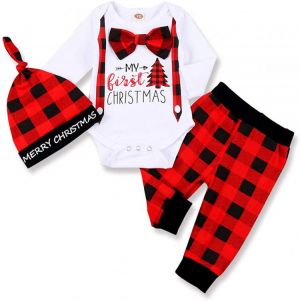Newborn Baby Boy New Year Clothes My First New Year Print Romper+Long Pants+Hat 3Pcs Outfits Set