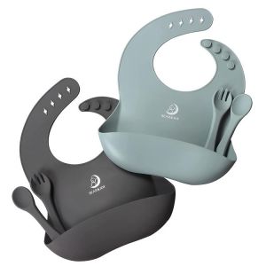 Bear&Joy Silicone Baby Bibs Set of 2, Silicone Bibs with Spoon Fork, Soft Adjustable Fit Waterproof Bibs, Feeding Bibs with Fo