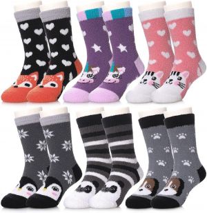 6 Pairs Children's Boys Girls Non Slip Cute Animal Fuzzy Slipper Socks Kids Anti-Slip Grips Cozy Fluffy Winter Warm Socks