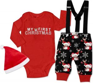 WIQI Christmas Newborn Baby Boy 3PCS Clothes Set Infant Long Sleeve Romper Reindeer Pattern Bib Pants Outfits