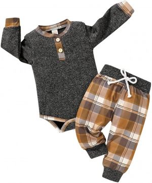 all in one place ילדים ותינוקות Newborn Baby Boy Fall Clothes Infant Plaid Long Sleeve Button Romper and Pants Set Winter Outfits for Boys 0-18 Months