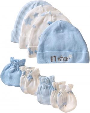 Gerber Baby Boys' 8-Piece Organic Cap and Mitten Set