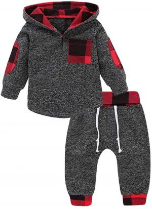 Toddler Infant Baby Boys Clothes Plaid Long Sleeve Hoodie Sweatshirt Pants Fall Winter 2Pcs Outfits Set