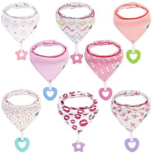 Baby Bandana Drool Bibs for Girls - 8-Pack Baby Bibs with Teething Toys/Teethers Set -Super Absorbent Organic Cotton Bibs for Baby