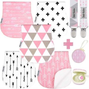 Baby Burp Cloths Pack of 5 by Dodo Babies + 2 Pacifier Clips + Pacifier Case, Premium Quality for Girls Soft and Absorbent, Excell
