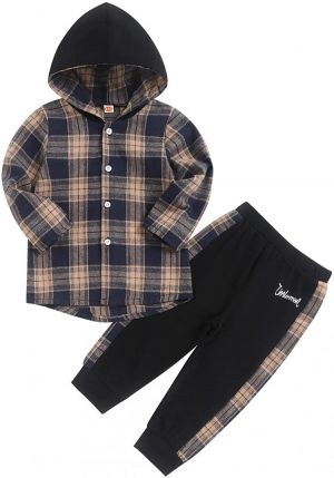 Toddler Baby Boys Clothes Flannel Lattice Button Down Hoodied Tops +Pants Boys Fall Winter Outfits
