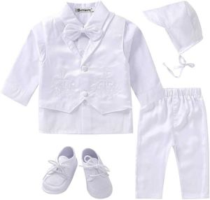 Booulfi Baby Boy's 5 Pcs Set Christening Baptism Outfits Long Sleeve Suit