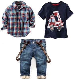 LUKYCILD 3T Boy Clothes Baby boy Suit Plaid Shirts+car Printing t-Shirt+Jeans 3pcs