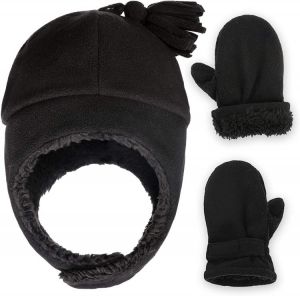 Baby & Toddler Sherpa Lined Fleece Winter Hat & Mitten Set - Warm Snow Trapper Pom Hat & Gloves for Infant Kids, Boys 