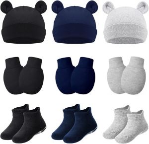 9 Pieces Newborn Hat Mittens Sock Set No Scratch Gloves for 0-12 Months Boy Girl