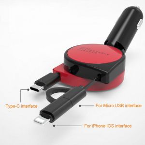 New 3-in-1 Single Pull Retractable Car Charger Quick Charge Adapter Car Cigarette Lighter For iphone android Type-C port
