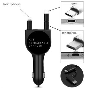 3.1A  3-in-1 Single Pull Retractable QC3.0 Quick Car Charger Adapter Car Cigarette Lighter For iphone android Type-C port