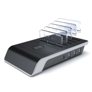 4-Port USB Charger Station with Fast Wireless Charger, Wireless Charging Stand for Multiple Devices Smart Phone Tablet Laptop