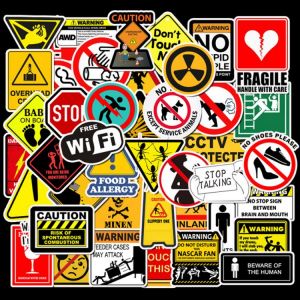 Waterproof Vinyl Stickers for Laptop Water Bottle Skateboard Guitar Car Decals (50Pcs Warning Sign Style) Cool Stickers