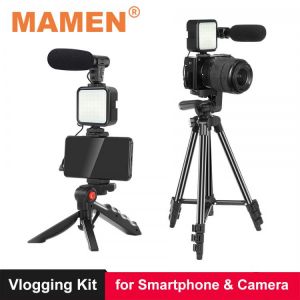 MAMEN Phone DSLR Camera Vlog Tripod Vlogging Kit with Remote Control Microphone LED Light for Smartphone Interview Live YouTube