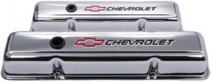 Valve Cover, Short, Baffled, Breather Hole, Chevrolet Bowtie Logo, Steel, Chrome, Small Block Chevy, Pair