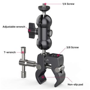 UURig Metal Camera Super Clamp Ball Head Clamp Magic Arm With 1/4'' 3/8'' Screw Hole for Mount Light Mic Monit