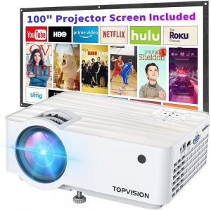 TOPVISION Projector, 7500L Portable Mini Projector with 100” Projector Screen, 1080P Supported, Built-in HI-FI Speakers, Home Th