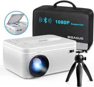 BIGASUO [2021 Upgrade] HD Bluetooth Projector Built in DVD Player, Mini Video Projector 1080P Supported Compatible with TV/HDMI/VG
