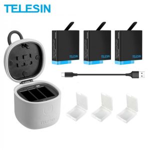 TELESIN 3PACK 1220mAh Battery 3 Slots LED Light Charger TF Card Reader Storage Charging Box for GoPro Hero 8 Hero 7 6 5 Black