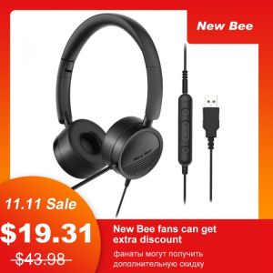 New Bee USB Headset with Microphone for PC 3.5mm Business Headsets with Mic Mute Noise Cancelling for Call Center Headphones