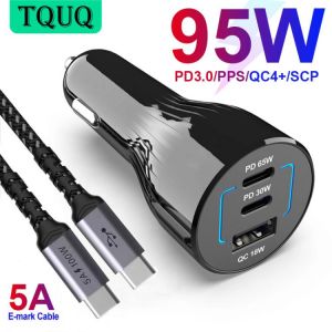 TQUQ 95W 3-port USB C Car Charger,Super Fast Charging PPS PD 65W/45W/30W/20W QC4+ 18W For Xiaomi Laptop iPhone12 Samsung galaxy