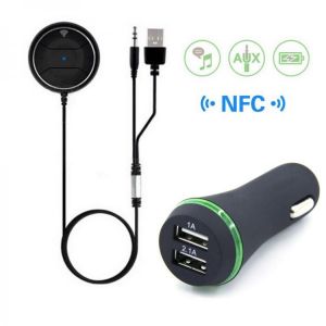 JRBC01 NFC Car Kit 3.5mm Wireless Bluetooth 4.0 Audio Music Receiver Hands-free Speakerphone with Mic 3.1A Dual USB Car Charger