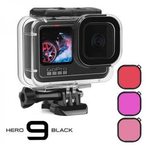 60M Waterproof Case for GoPro Hero 9 Black Protective Diving Underwater Housing Shell Cover Red Purple Color Filter 3 Pack Kit