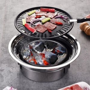 Stainless Steel Korean Charcoal Barbecue Grill Round Non-stick Barbecue Grills Portable Charcoal Grill for Outdoor Camping BBQ