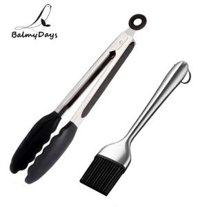 Silicone BBQ Tongs Basting Brush Set Oil Brush Kitchen Tongs BBQ Grill Food Meat Tongs Barbecue Tongs Oil Sauce Brush BBQ Tools