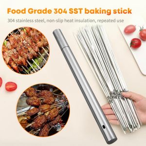 Stainless Steel Barbecue Skewer Storage Tube Charcoal Grill Skewer Flat BBQ Fork Kitchen Outdoor Camping Accessories Utensils BQ
