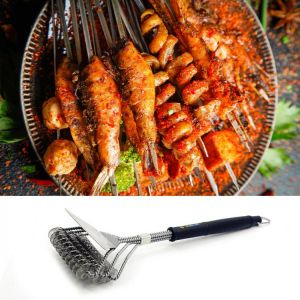 2pcs 18 Inch Anti-Sticking Stainless Steel Oven Grill Cleaning Brush Three-Head Barbecue Brush With Handle Kitchen Barbecue