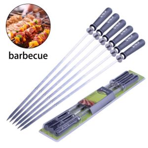 6pcs Long Thick 52cm Stainless Steel Wooden Handle BBQ Needle Meat String BBQ Grills Barbecue Skewers Kebab Sticks Tools
